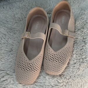 Beige Knit Mary Jane Flats